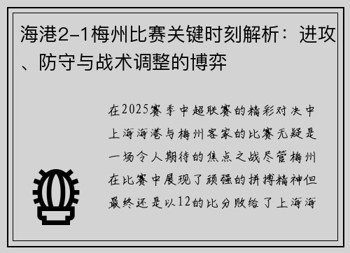 海港2-1梅州比赛关键时刻解析：进攻、防守与战术调整的博弈