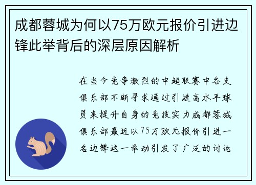 成都蓉城为何以75万欧元报价引进边锋此举背后的深层原因解析